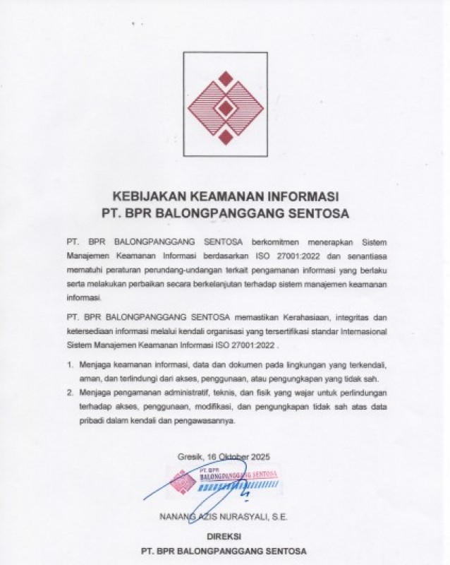 Kebijakan Keamanan Informasi PT. BPR. Balongpanggang Sentosa